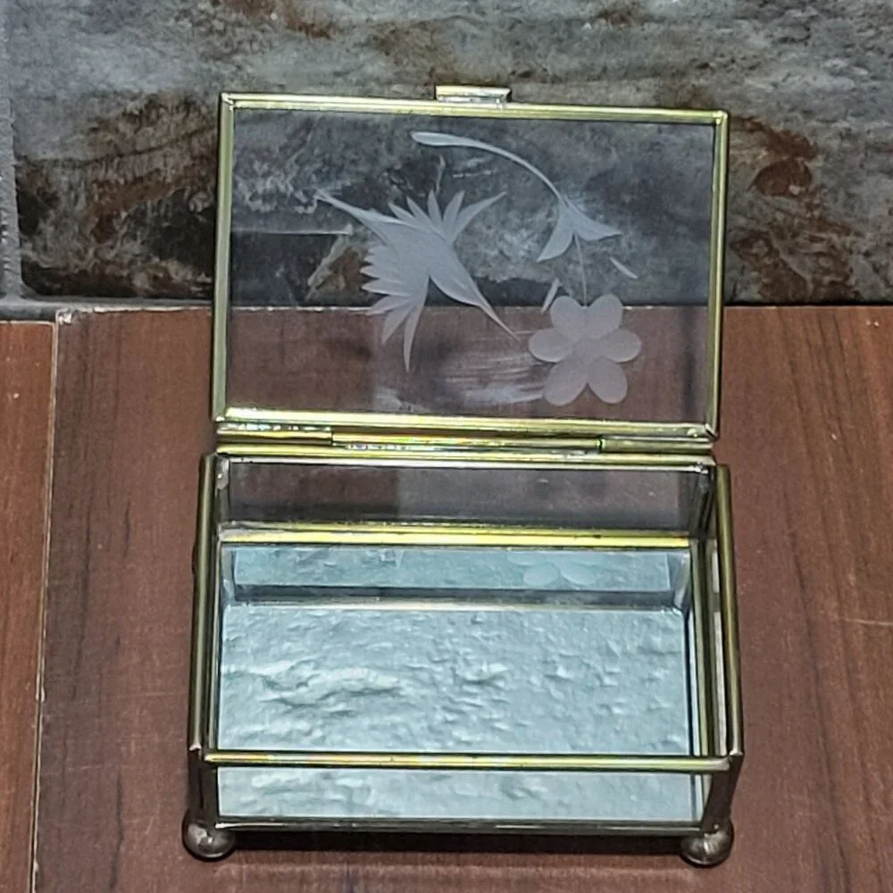 Vintage Trinket Box Hinged Lid Etched Bird Flower Glass Brass Trim Footed Jewelr